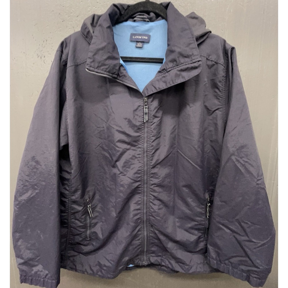 Lands End Windbreaker Women 1X Navy Blue Full Zip Pockets Hood Casual Travel